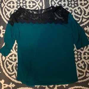 Teal blouse on neck area and shoulder